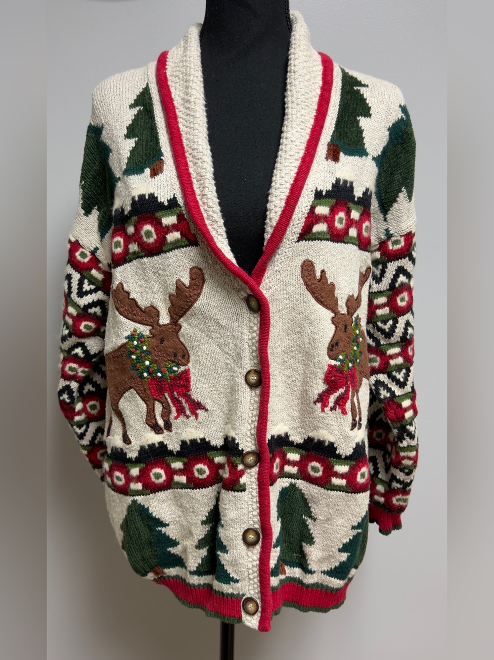 Vintage Marisa Christina Christmas Sweater 1996 Classic Moose Cardigan L Cotton